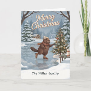 Cute Beaver Ice Skating Woodland Christmas Card