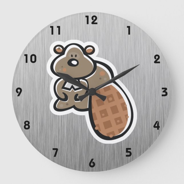 Cute Beaver; Metal-look Large Clock (Front)
