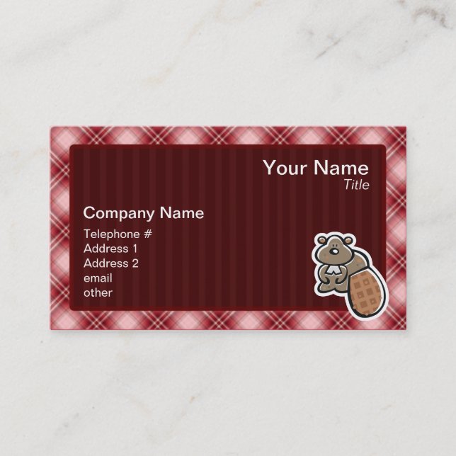 Cute Beaver; Red Plaid Business Card (Front)