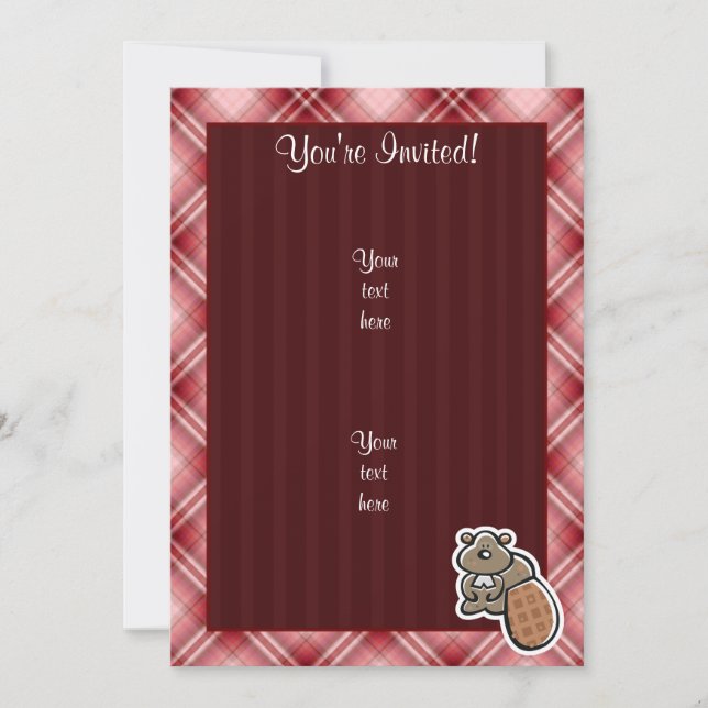 Cute Beaver; Red Plaid Invitation (Front)