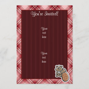 Cute Beaver; Red Plaid Invitation