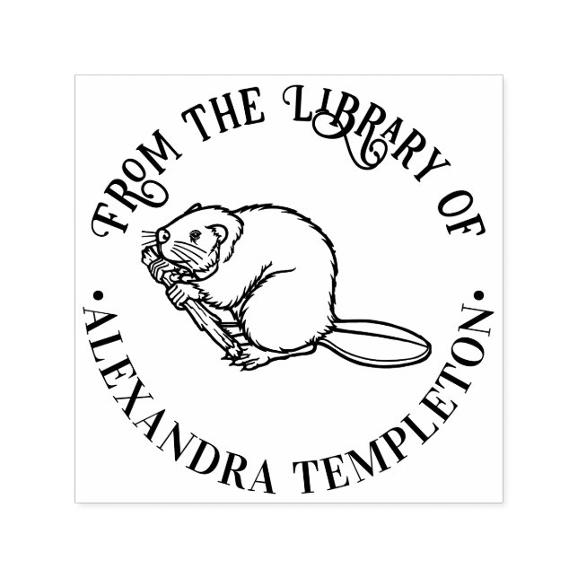 Cute Beaver Round Library Book Name Self-inking Stamp (Design)
