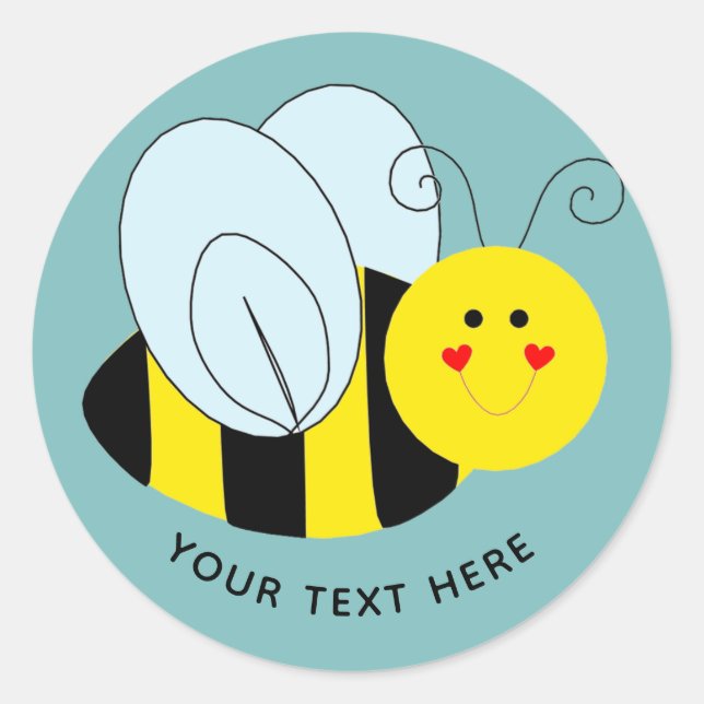 Cute Bee Add Text | Blue Classic Round Sticker (Front)