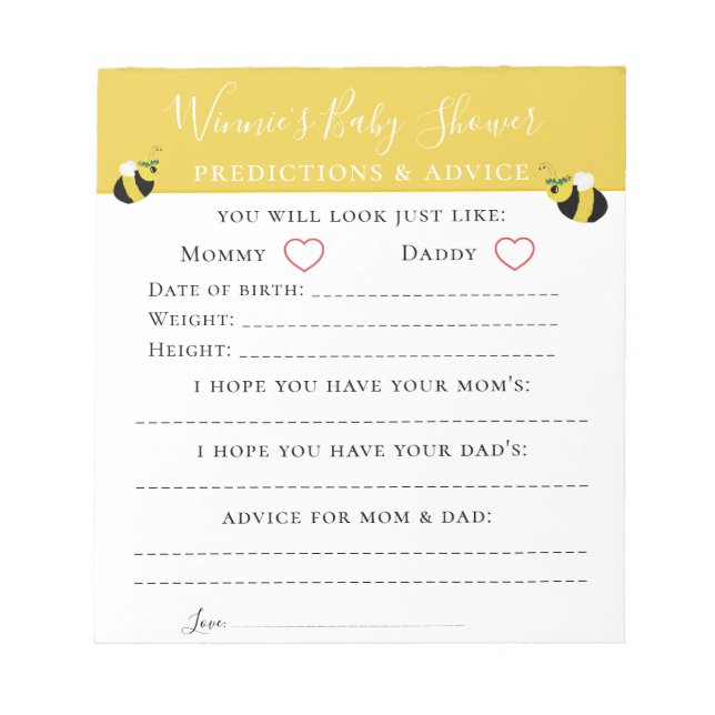 Cute Bee Advice and Predictions Baby Shower Game N Notepad (Front)