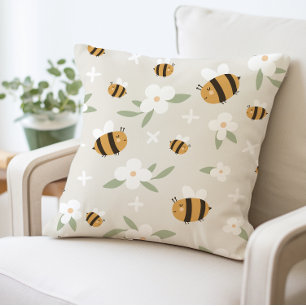 Cute Bee and Floral Throw Pillow