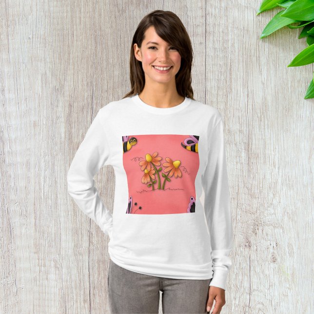Cute Bee and Flower Pink Spring Garden  T-Shirt (Creator Uploaded)