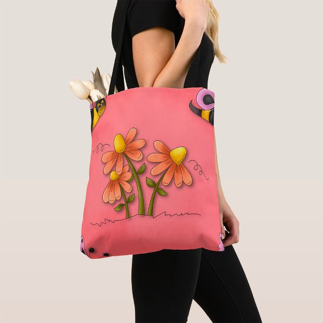 Cute Bee and Flower Pink Spring Garden  Tote Bag (Creator Uploaded)