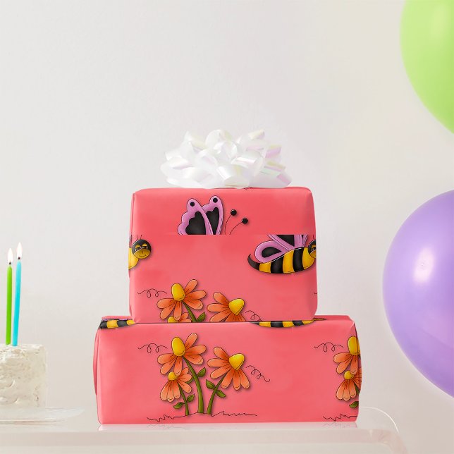 Cute Bee and Flower Pink Spring Garden  Wrapping Paper (Creator Uploaded)