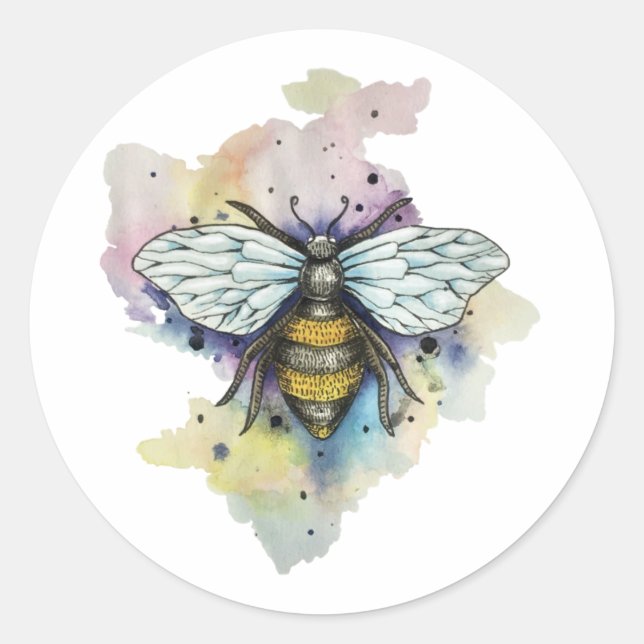 Cute Bee And Rainbow Wash Classic Round Sticker (Front)