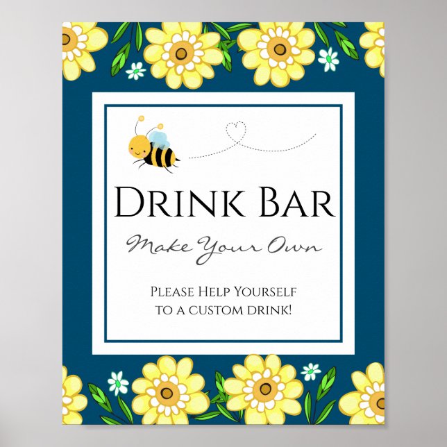 Cute Bee Baby Shower Custom Drink Bar Party Sign (Front)