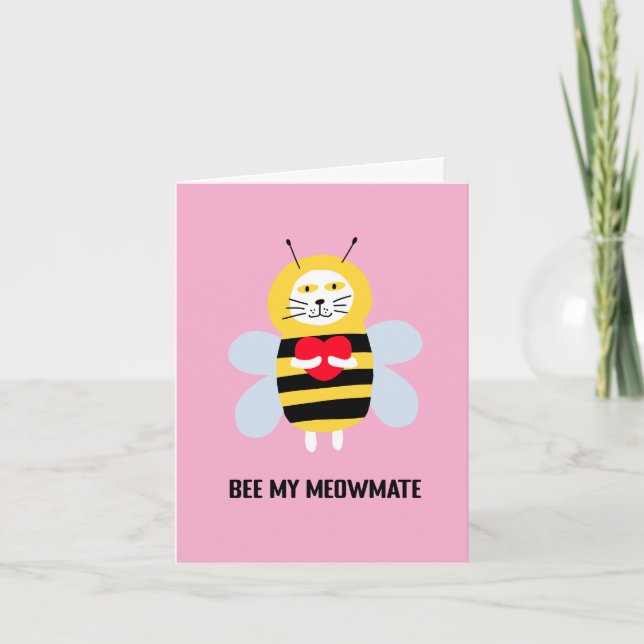 Cute Bee Be My Meowmate Soulmate Cat Love Pun Card (Front)