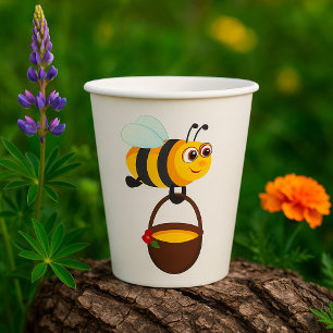 Cute Bee Carrying Honey Pot with Flower Paper Cups