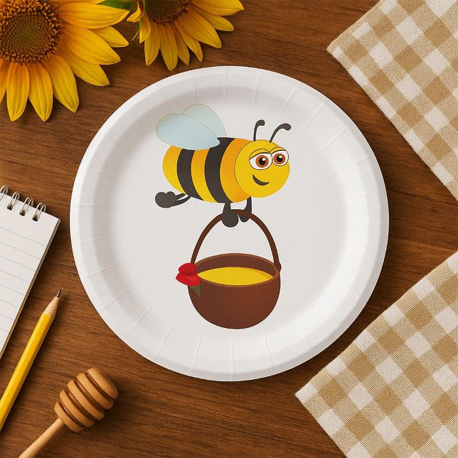 Cute Bee Carrying Honey Pot with Flower Paper Plate (Creator Uploaded)