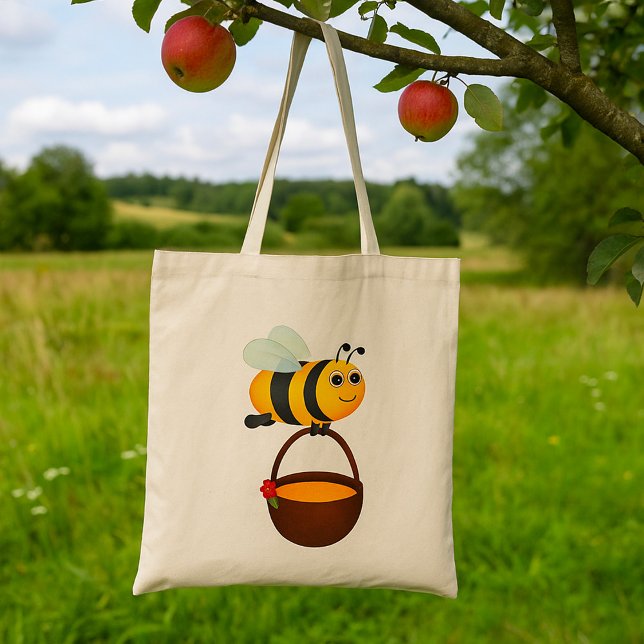 Cute Bee Carrying Honey Pot with Flower Tote Bag (Creator Uploaded)