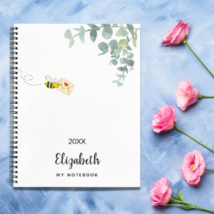 Cute bee eucalyptus greenery monogram notebook