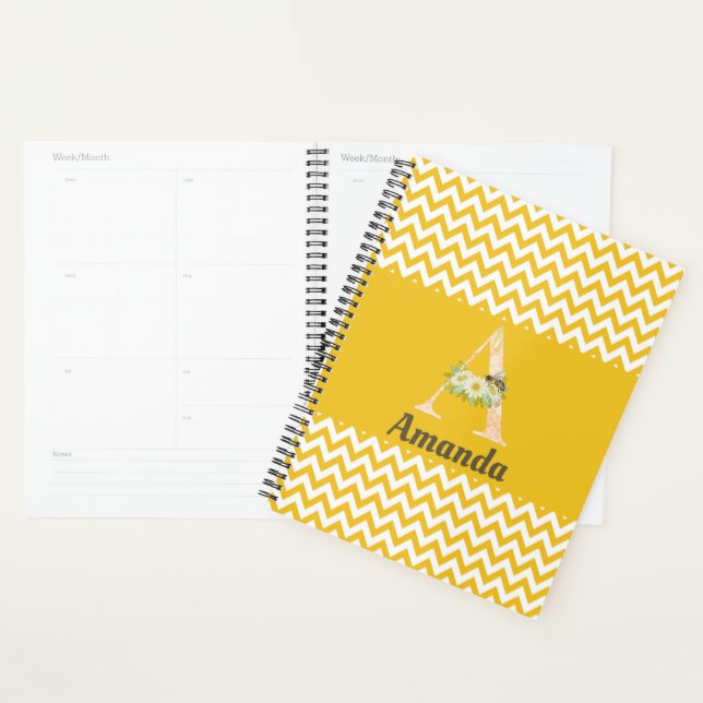 Cute Bee Floral Monogram Letter A Planner (Display)