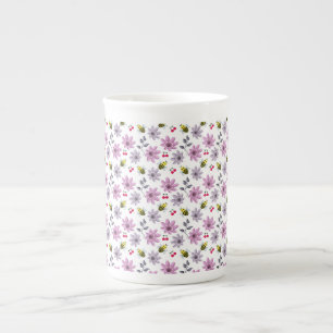 Cute Bee Floral Pattern Cottagecore Aesthetic Pink Bone China Mug