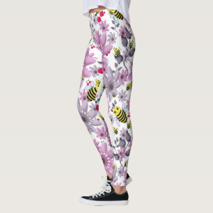 Cute Bee Floral Pattern Cottagecore Aesthetic Pink Leggings