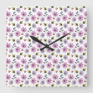 Cute Bee Floral Pattern Cottagecore Aesthetic Pink Square Wall Clock