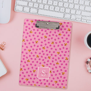 Cute bee flowers pattern Monogram Name pink Clipboard