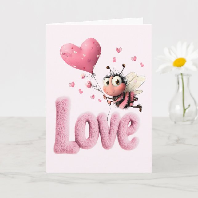 Cute Bee Fluffy Pink Love Heart Balloon Design Card (Small Plant)