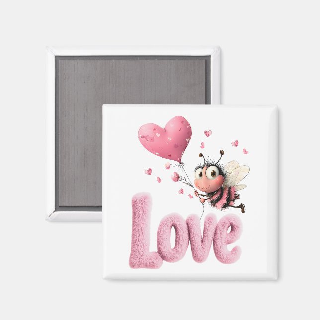 Cute Bee Fluffy Pink Love Heart Balloon  Magnet (Front/Back)