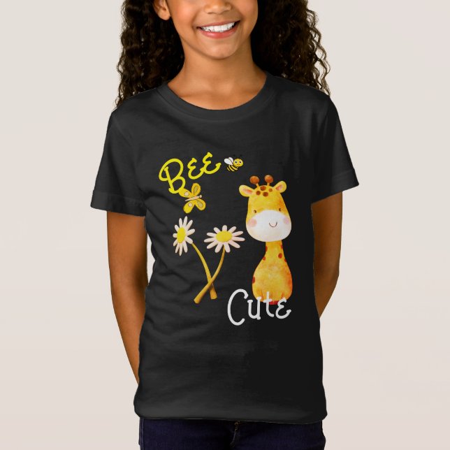 Cute bee giraffe Girls black T-Shirt (Front)