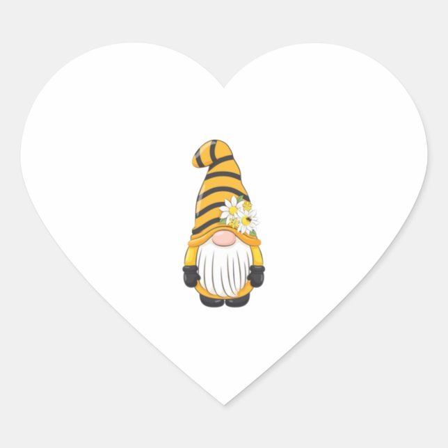 Cute Bee Gnome With Flowers   Heart Sticker (Front)
