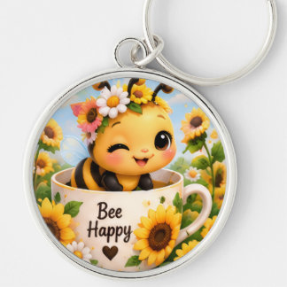 Cute Bee Happy Bumblebee Sunflower Round Keychain