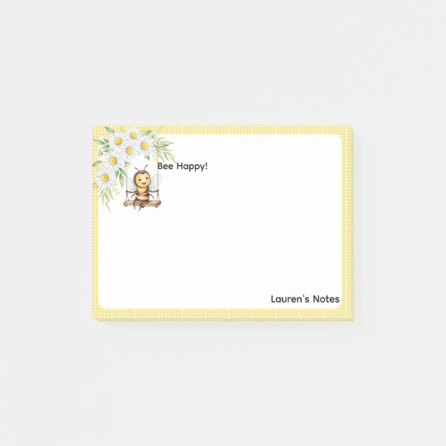 Cute "Bee happy" Pesonalised Post-it Notes (Front)