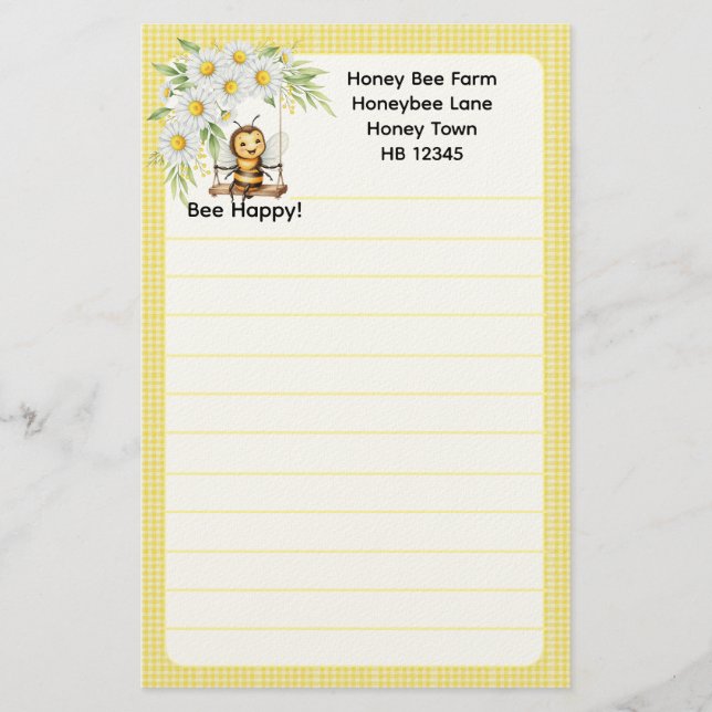 Cute "Bee happy" Pesonalised Stationery (Front)