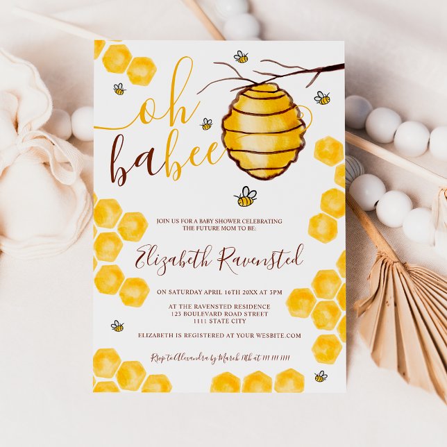 Cute bee honeycomb beehive watercolor baby shower invitation (Yellow honeycomb beehive watercolor baby shower invitation)