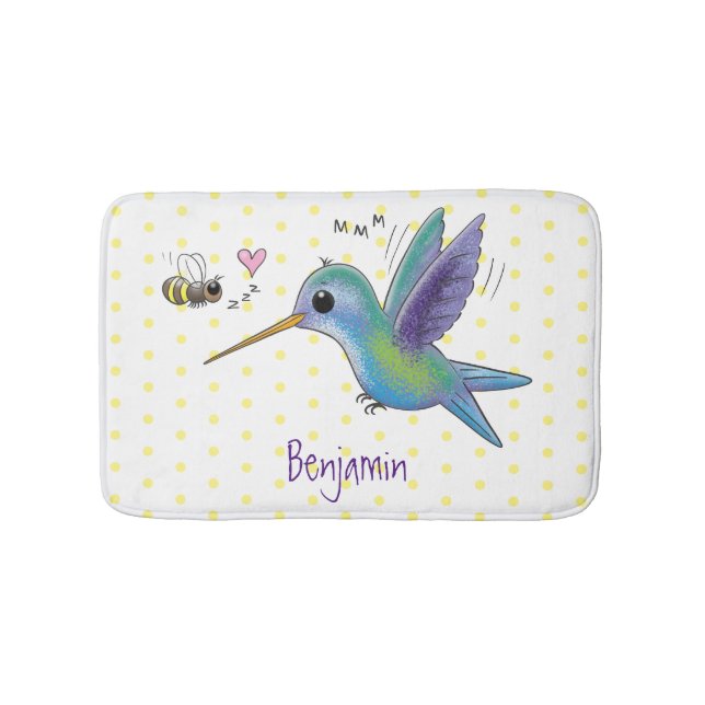 Cute bee hummingbird cartoon illustration bath mat (Front)