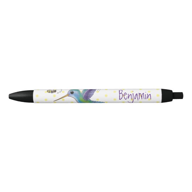 Cute bee hummingbird cartoon illustration black ink pen (Front)