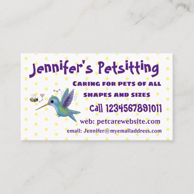 Cute bee hummingbird cartoon illustration business card (Front)
