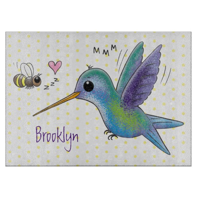 Cute bee hummingbird cartoon illustration cutting board (Front)