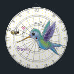 Cute bee hummingbird cartoon illustration dartboard<br><div class="desc">This cute design features a green and purple happy hummingbird with a bee friend. All done in happy cartoon illustration style!</div>