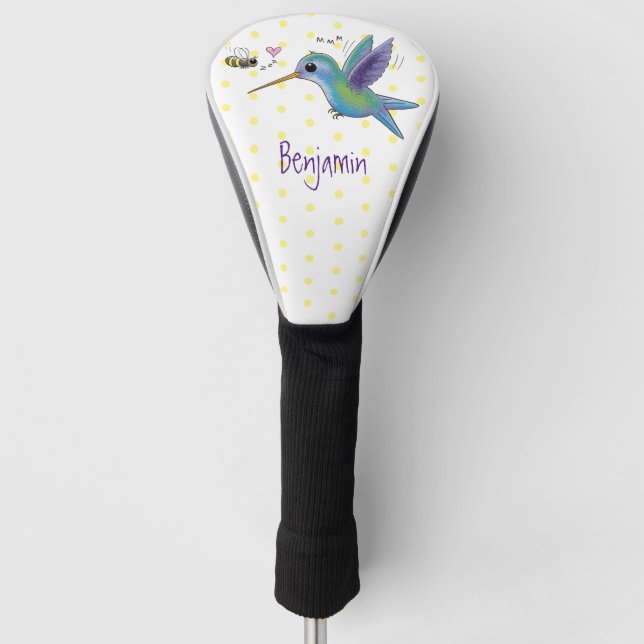 Cute bee hummingbird cartoon illustration golf head cover (Front)
