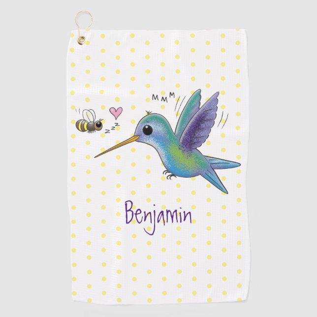 Cute bee hummingbird cartoon illustration golf towel (Front)