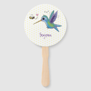 Cute bee hummingbird cartoon illustration hand fan