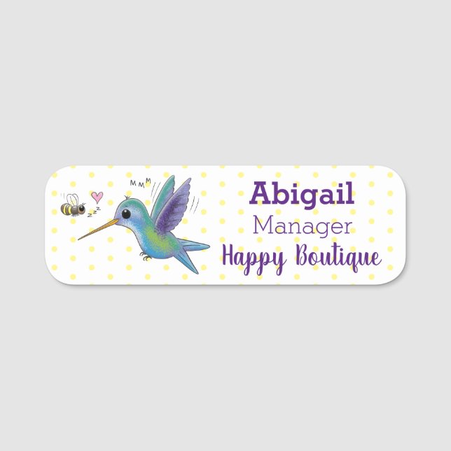 Cute bee hummingbird cartoon illustration  name tag (Front)