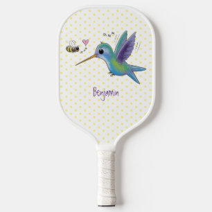Cute bee hummingbird cartoon illustration pickleball paddle