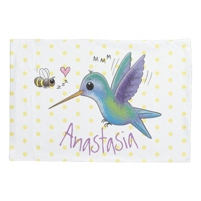 Cute bee hummingbird cartoon illustration pillowcase (Back)