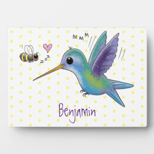 Cute bee hummingbird cartoon illustration plaque