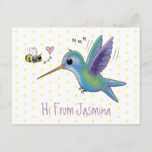 Cute bee hummingbird cartoon illustration postcard