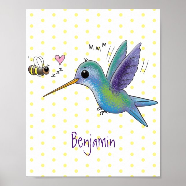 Cute bee hummingbird cartoon illustration poster (Front)
