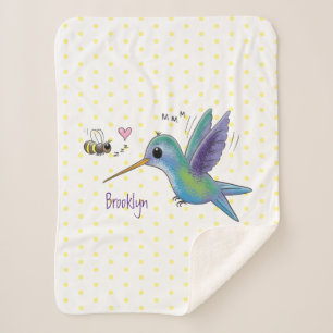 Cute bee hummingbird cartoon illustration sherpa blanket
