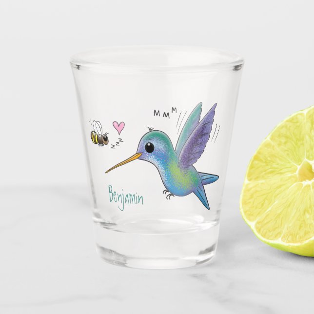 Cute bee hummingbird cartoon illustration shot glass (Front)