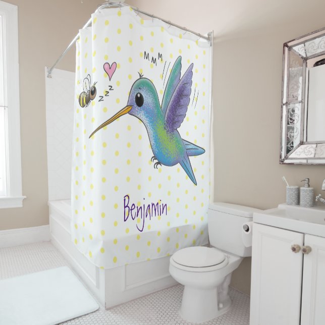 Cute bee hummingbird cartoon illustration shower curtain (In Situ)