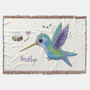 Cute bee hummingbird cartoon illustration throw blanket